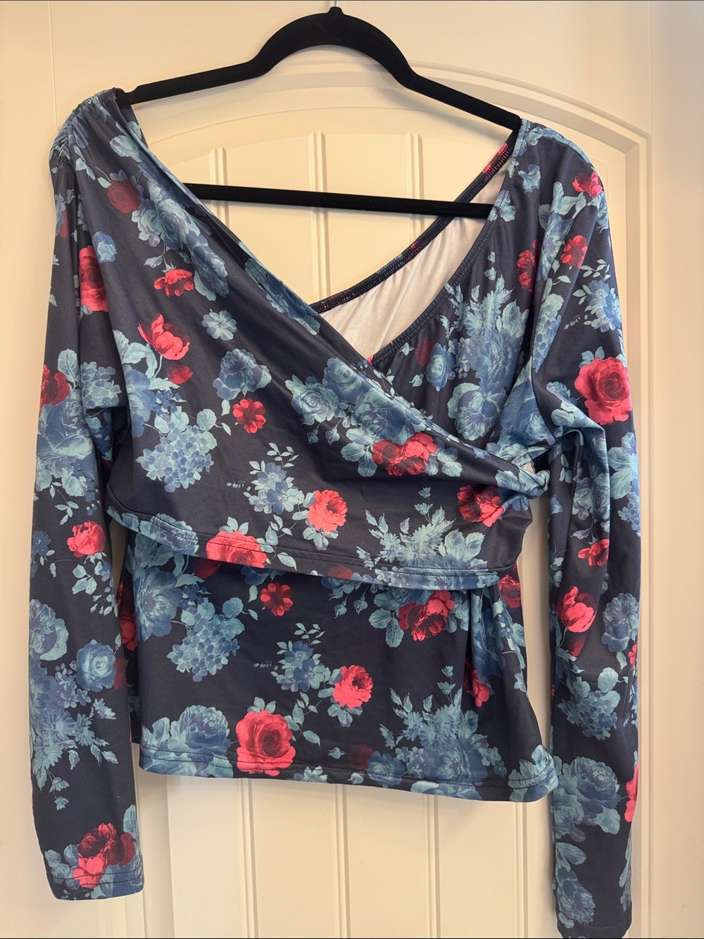 SHEIN Navy Wrap Long-Sleeve Top with Pink and Light Blue Floral Print, xl, 12